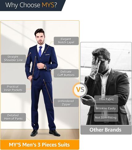 MY'S Men's 3 Piece Slim Fit Suit, One Button Jacket Blazer Vest Pants Set and Tie in Kuwait