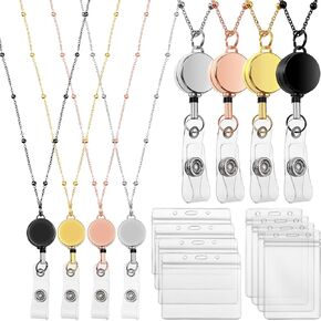 Zonon 4 Piece Retractable Badge Reel Lanyard with ID Holder Badge Lanyard with 8 Waterproof Name Card Holder Stainless Steel Lanyards for ID Badges Badge Holder Necklace