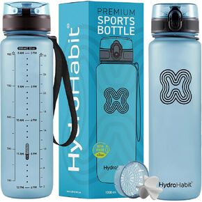 Sports Water Bottle with Time Marker Reminder - BPA Free, Non Toxic, Smooth Fast Flow Drinking, Flip Top Leak Proof Lid, Shaker Ball and Fruit Infuser Strainer - 32 oz 1 Liter Blue in Saudi Arabia