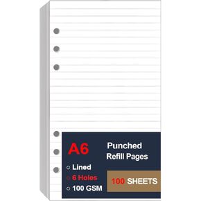 A6 Lined Paper Refill 6 Ring, A6 Filler Paper for Filofax Personal Binder Planner, 100gsm Ruled Pages, 6 Hole Punched, 100 Sheets/200 Pages, 3.75 x 6.75 Inch, white