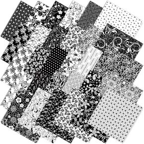Whaline 60Pcs Flower Cotton Fabric Bundles Black White Floral Fat Quarters Flower Leaves Sewing Fabrics for DIY Handmade Crafting, 10 x 10 Inch