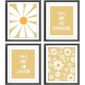 AEHIE Boho Yellow Daisy Flower Decor Wall Art Print, You Are My Sunshine Poster Prints for Baby Girls Room Nursery Decor, Bohemian Wall Decor, Spring Aesthetic Floral Wall Art Print for Home, 4pcs