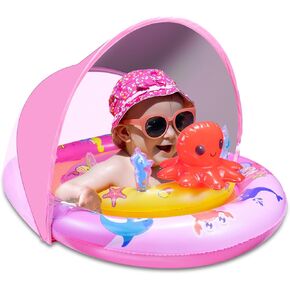 Baby Pool Float - Inflatable Float with Canopy UPF50+ Sun Protection - Infant Toddler Swim Float with Toy Play Console for Kids Girls Boys Aged 6-36 Months-Pink
