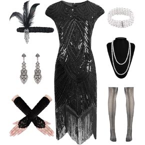 WILDPARTY 1920s Women Flapper Dresses Gatsby Sequin Dresses Vintage Lace Fringed Cocktail Dress with 20s Accessories Set