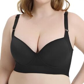 Women's Push Up Bra, Hide Back Fat Deep Cup Bra, Black Full-Coverage Underwire Bra, Smoothing T-Shirt Bra