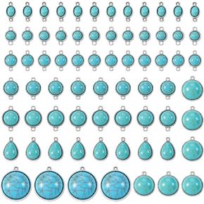 pandahall 70Pcs Tibetan Style Teardrop Turquoise Connector Charms Round Bohemian Earring Charms Retro Antique Silver Western Link Charms for DIY Boho Necklace Jewelry Making