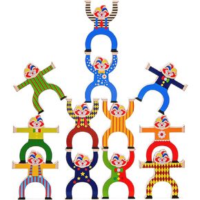 Wooden Circus Clowns Stacking Toys, Jester Balance Blocks Game for Kids, Toddler Wood Toy Stacking and Balancing Blocks Set