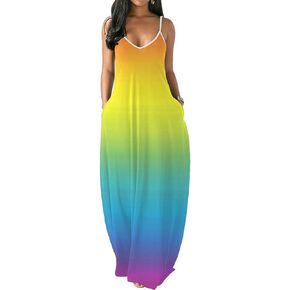 Chaos World Women's Maxi Dress V-Neck Strappy 3D Print Loose Summer Casual Dress