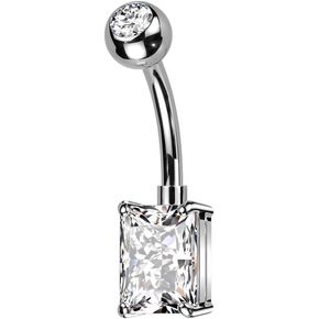 Pierced Owl 14GA ASTM F-136 Implant Grade Titanium Prong Set CZ Crystal Rectangle Belly Button Ring