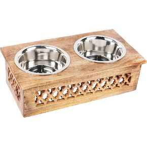 Wooden Dog Cat Pet Feeder Station Stand with 2 Stainless Steel Bowls | Raised Cat Bowl Dogs Bowl Elevated Cat Dog | Pet Dining Table for Cats and Puppy | 16 x 8.5 x 5 Inches
