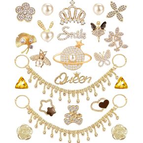 24Pcs Bling Gold Jewelry Shoe Charms Designer Decoration Rhinestone Chain Pearl Gems Rhinestone Luxury Accessories for Women Girls Party Favors Birthday Gifts