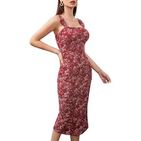 SPRIME Women's Summer Square Neck Bodycon Midi Dress Sleeveless Sexy Vintage Floral Print Cocktail Dresses for Party Evening