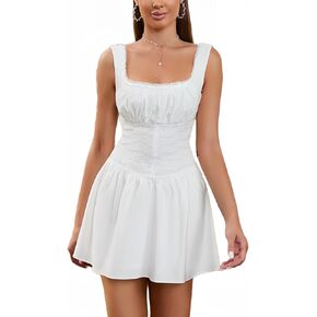 HTZMO Square Neck Lace Ruched Y2k Short Dress Backless Zipper Ruffle Hem Casual Party Slip Mini Sundress for Women