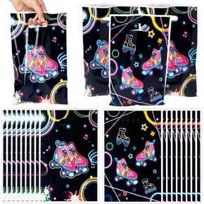 50Pcs Roller Skating Party Favor Bag - Roller Skate Glow in The Dark Plastic Waterproof Goodie Bag Fluorescent Color Rectangular Gift Bags for Kids Birthday Retro 80s 90s Decor Party Supplies