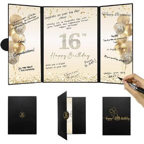 DARUNAXY Black Gold 16th Birthday Party Decorations, Happy 16th Birthday Alternative Signature Guest Book for Boys & Girls Sweet 16 Years Old Gifts 16 Birthday Signing Card Board Party Supplies