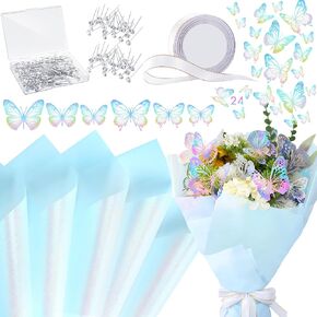 Affrolling 145 Pcs Flower Bouquet Wrapping Paper Kits, 20 Sheets Waterproof Floral Wrapping Paper 72 ft Ribbon 24 3D Butterflies 100 Bouquet Pin for Valentine Mother Party DIY Gift(Iridescent Blue)