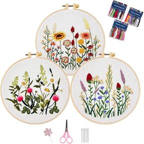 Smart-Feather 3 Pcs Flower Embroidery kit for Beginners, Embroidery Stitch Practice Kits for Adults with Hoop, DIY Art Project Craft Kit (Flower Stitches), size:b