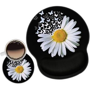 Mouse Pad with Wrist Support Gel Ergonomic Mouse Pads with Rest Support Mouse Pad for Home Office Gaming Working Easy Typing & Pain Relief + Coaster, Butterfly White Daisy Flowers