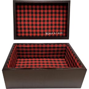 Blake & Lake Large Oak Wood Keepsake Box - Wooden Box Lined with Buffalo Plaid - Wood boxes with Lift Off Lid - Wooden Decorative Storage Box for Home (Lift of Lid)
