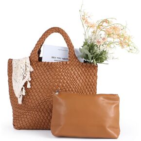 حقيبة منسوجة للنساء، حقيبة منسوجة من الجلد النباتي مع محفظة، حقيبة حمل للشاطئ مصنوعة يدويًا، حقيبة حمل من الجلد النباتي بمقبض علوي in Kuwait