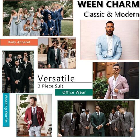 بدلات رجالية من WEEN CHARM بقصة ضيقة، بدلة من 3 قطع للرجال، سترة وسترة بزرارين وسروال مع ربطة عنق، مجموعة بدلة سهرة للرجال in Kuwait