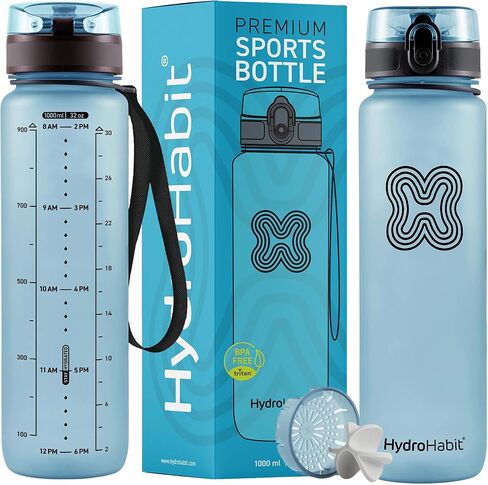Sports Water Bottle with Time Marker Reminder - BPA Free, Non Toxic, Smooth Fast Flow Drinking, Flip Top Leak Proof Lid, Shaker Ball and Fruit Infuser Strainer - 32 oz 1 Liter Blue in Saudi Arabia