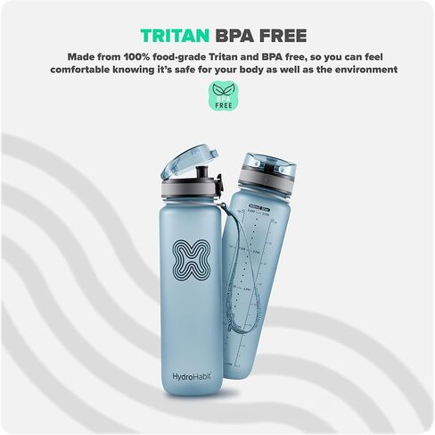 Sports Water Bottle with Time Marker Reminder - BPA Free, Non Toxic, Smooth Fast Flow Drinking, Flip Top Leak Proof Lid, Shaker Ball and Fruit Infuser Strainer - 32 oz 1 Liter Blue in Saudi Arabia