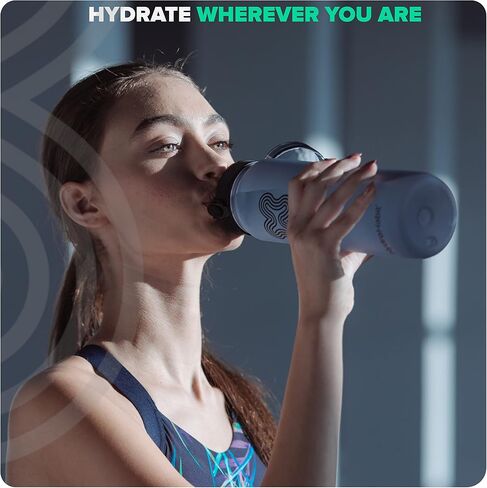 Sports Water Bottle with Time Marker Reminder - BPA Free, Non Toxic, Smooth Fast Flow Drinking, Flip Top Leak Proof Lid, Shaker Ball and Fruit Infuser Strainer - 32 oz 1 Liter Blue in Saudi Arabia