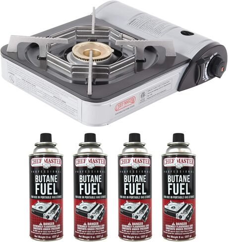 Chef Master 90011 Portable Butane Stove | 10,000 BTU Outlet | Camp Kitchen Equipment | Emergency Stove | Hurricane Stove | Single Burner Camp Stove | Camping Cooking Stove + 4 Fuel Canisters in Saudi Arabia