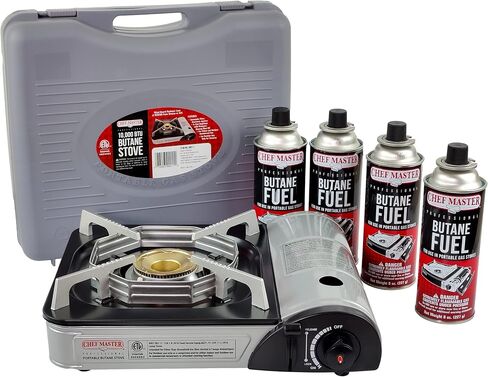 Chef Master 90011 Portable Butane Stove | 10,000 BTU Outlet | Camp Kitchen Equipment | Emergency Stove | Hurricane Stove | Single Burner Camp Stove | Camping Cooking Stove + 4 Fuel Canisters in Saudi Arabia