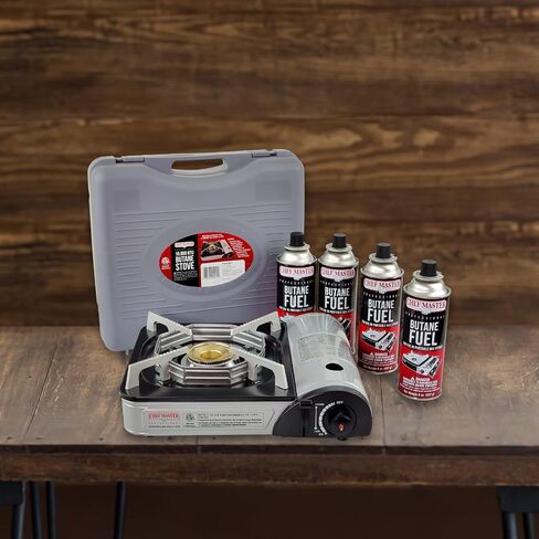 Chef Master 90011 Portable Butane Stove | 10,000 BTU Outlet | Camp Kitchen Equipment | Emergency Stove | Hurricane Stove | Single Burner Camp Stove | Camping Cooking Stove + 4 Fuel Canisters in Saudi Arabia