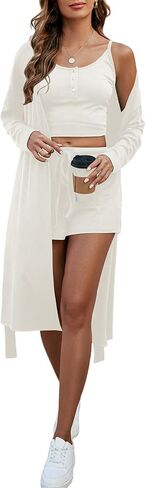 HANMAX Women's 3 Piece Outfits Matching Sets Summer Outfits Long Cardigan Knit Crop Tops and Shorts Tracksuit in Saudi Arabia