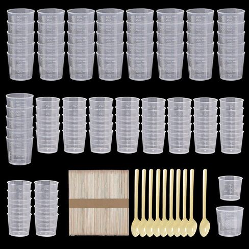 Woohome 100 PCS Transparent Scale Cups 20 ml 30 ml Plastic Graduated Cups Measuring Cups for Epoxy Resin with Stirring Stick for Mixing Resin, Stain, Epoxy and Paint in Saudi Arabia