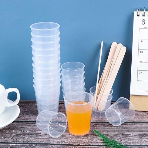Woohome 100 PCS Transparent Scale Cups 20 ml 30 ml Plastic Graduated Cups Measuring Cups for Epoxy Resin with Stirring Stick for Mixing Resin, Stain, Epoxy and Paint in Saudi Arabia