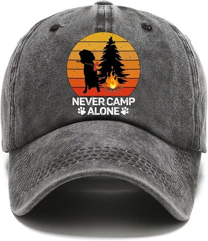 قبعة بيسبول سوداء مغسولة ومضحكة من Never Camp Alone، قبعة قطنية عتيقة قابلة للتعديل، هدايا التقاعد للرجال والنساء، هدية عيد ميلاد للأب والأم والزوج والزوجة BFF لمحبي التخييم in Kuwait
