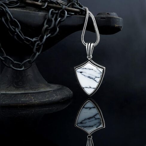 Mens Gemstone Shield Necklace, Arrowhead Gemstone Pendant, Sterling Silver Shield Necklace, Shield Pendant for Men, Birthday Gift Jewelry (White Turquoise) in Saudi Arabia