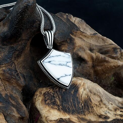 Mens Gemstone Shield Necklace, Arrowhead Gemstone Pendant, Sterling Silver Shield Necklace, Shield Pendant for Men, Birthday Gift Jewelry (White Turquoise) in Saudi Arabia