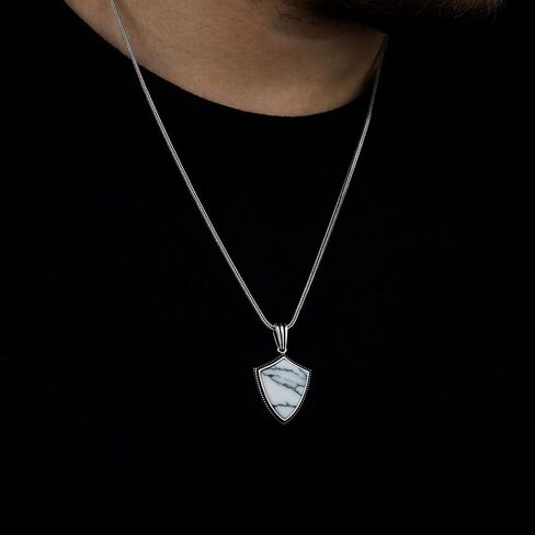 Mens Gemstone Shield Necklace, Arrowhead Gemstone Pendant, Sterling Silver Shield Necklace, Shield Pendant for Men, Birthday Gift Jewelry (White Turquoise) in Saudi Arabia