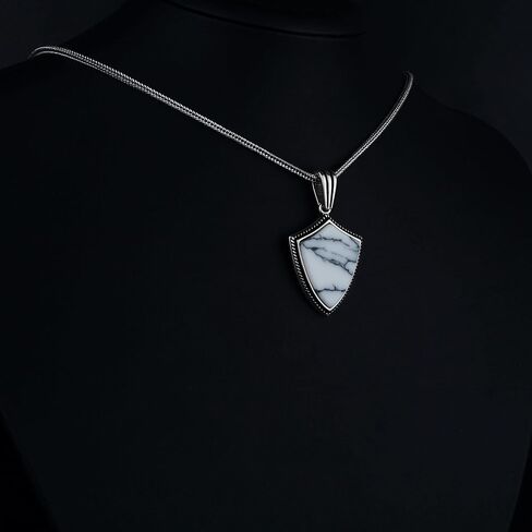 Mens Gemstone Shield Necklace, Arrowhead Gemstone Pendant, Sterling Silver Shield Necklace, Shield Pendant for Men, Birthday Gift Jewelry (White Turquoise) in Saudi Arabia