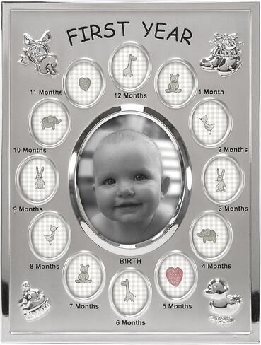 Malden International Designs Baby's First Year Collage Picture Frame, 13 Option, 1-3.5x4, 12-1x1, Silver in Saudi Arabia