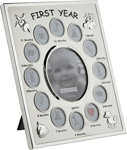 Malden International Designs Baby's First Year Collage Picture Frame, 13 Option, 1-3.5x4, 12-1x1, Silver in Saudi Arabia
