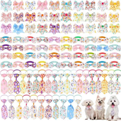 Reginary 100 Pieces Dog Bows Set Include Dog Bows Bow Ties for Dogs Bows, 50 Dog Bow Ties and 50 Dog Neckties for Small Medium Dogs Supply (Rainbow) in Saudi Arabia