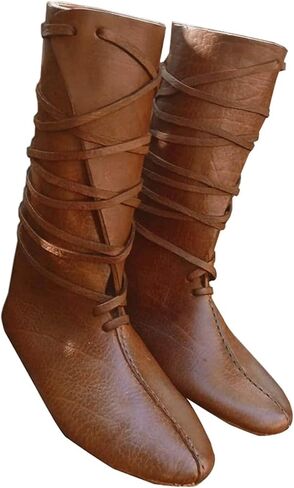 Mens Renaissance Medieval Cosplay Halloween Boots Faux Leather Mid Calf Lace Up Vintage Stage Pirate Viking Tied Shoes in Saudi Arabia