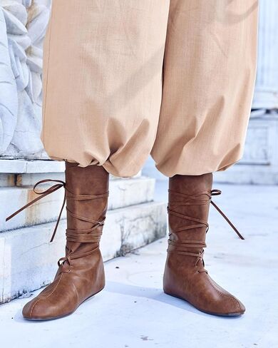 Mens Renaissance Medieval Cosplay Halloween Boots Faux Leather Mid Calf Lace Up Vintage Stage Pirate Viking Tied Shoes in Saudi Arabia