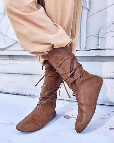 Mens Renaissance Medieval Cosplay Halloween Boots Faux Leather Mid Calf Lace Up Vintage Stage Pirate Viking Tied Shoes in Saudi Arabia