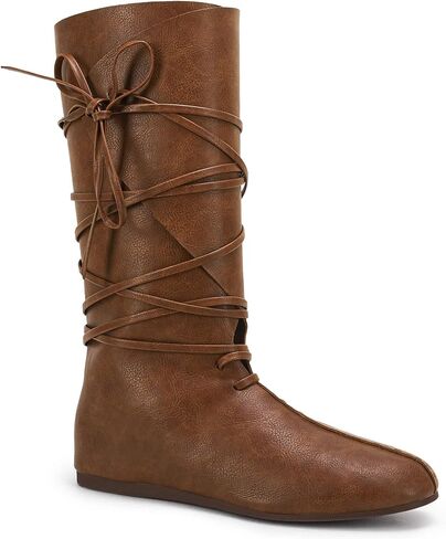 Mens Renaissance Medieval Cosplay Halloween Boots Faux Leather Mid Calf Lace Up Vintage Stage Pirate Viking Tied Shoes in Saudi Arabia