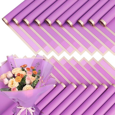 poewor 20 Sheets Gold Edge Flower Wrapping Paper Light purple Colors Waterproof Translucent Bouquet Packaging Paper Florist Bouquet Supplies for Wedding in Saudi Arabia