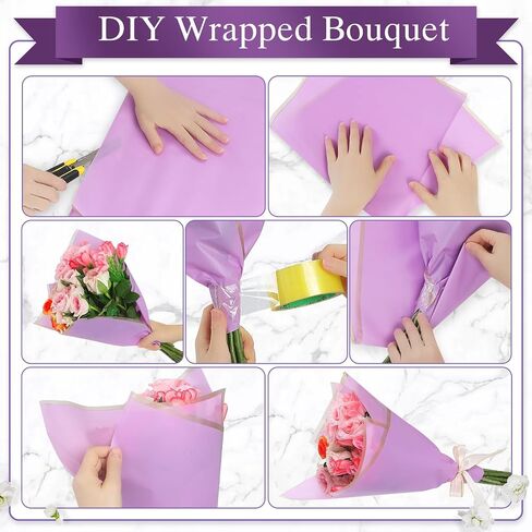 poewor 20 Sheets Gold Edge Flower Wrapping Paper Light purple Colors Waterproof Translucent Bouquet Packaging Paper Florist Bouquet Supplies for Wedding in Saudi Arabia