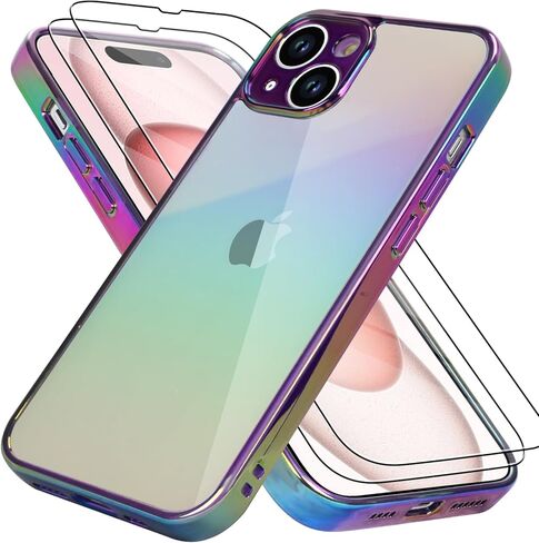 Bonoma متوافق مع iPhone 15 Pro Max Case Bling Laser Florescent Iridescent Crystal Luxury Case حامي الكاميرا + 2* واقي شاشة مقاوم للصدمات غطاء حماية الشاشة - أرجواني in Kuwait