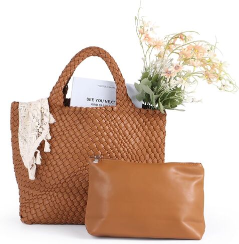 حقيبة منسوجة للنساء، حقيبة منسوجة من الجلد النباتي مع محفظة، حقيبة حمل للشاطئ مصنوعة يدويًا، حقيبة حمل من الجلد النباتي بمقبض علوي in Kuwait